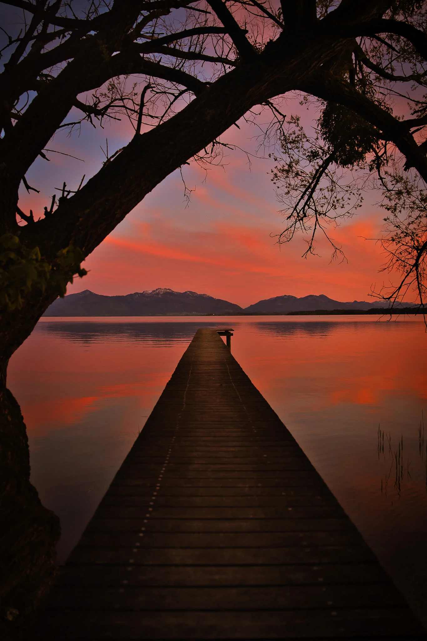 Steg am Chiemsee in Seebruck bei intensivem Sonnenuntergang