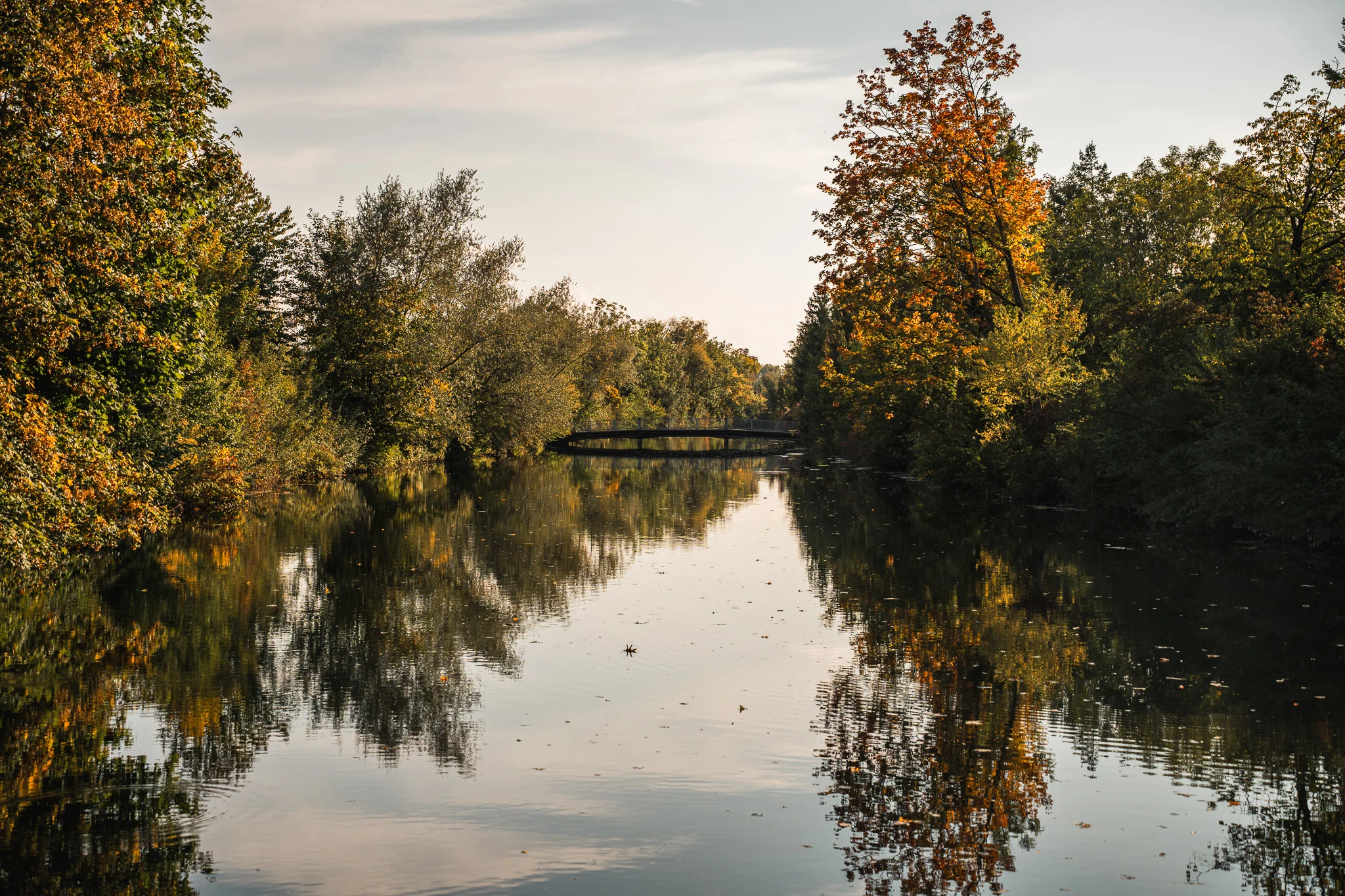 Alz in Trostberg mit Brücke und herbstlichem Ufer
